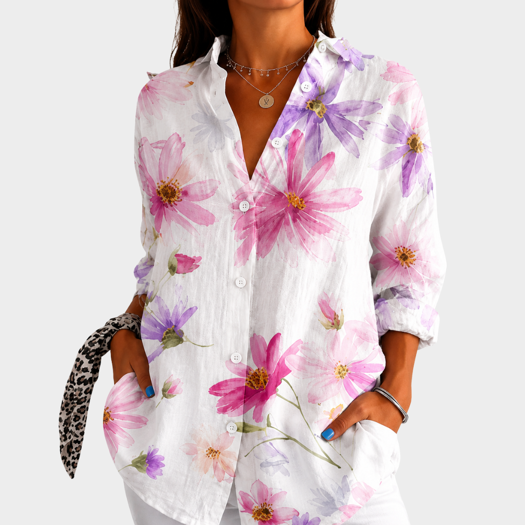 Floral Print Collared Long Sleeve Button Up Blouse