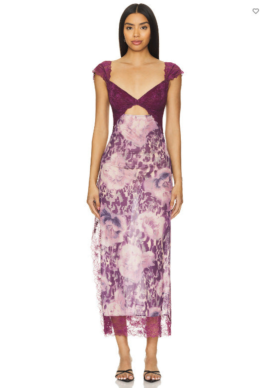 Floral Lace Trim Cut Out Slip Midi Dress 46