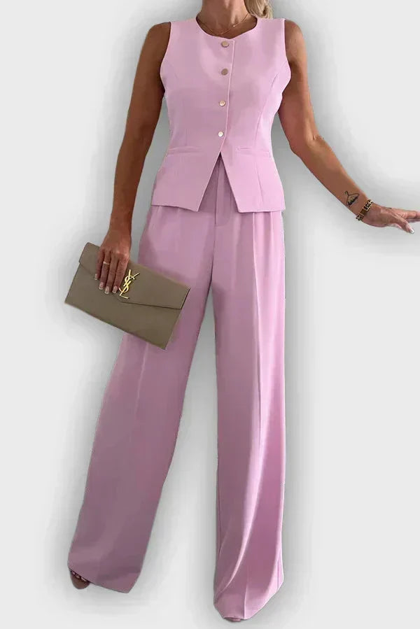 Sleeveless Button Vest and Wide Leg Pants Two Piece Set