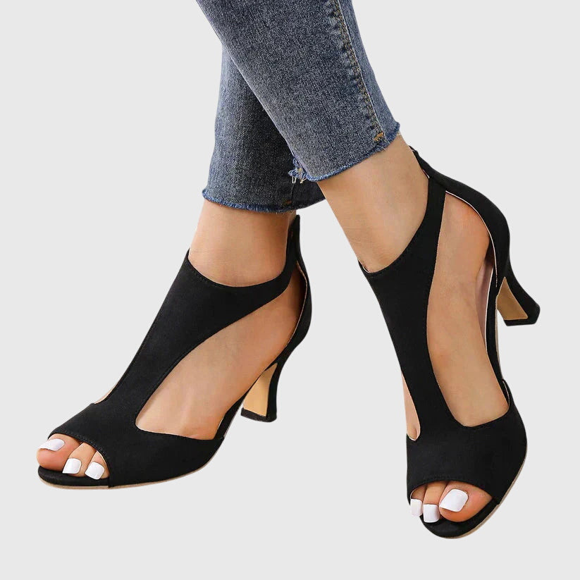 Peep Toe Cut Out Suede Look Block Heel Sandals