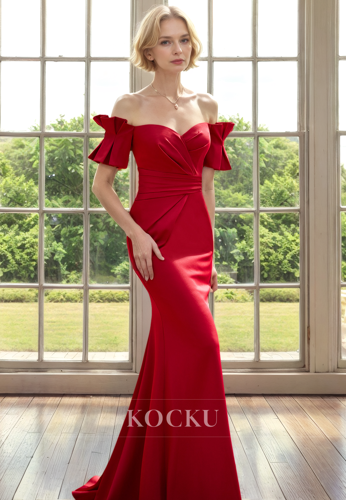 Simple & Casual Off-Shoulder Short sleeves Mermaid Satin Cocktail Mother of the Bride Dress