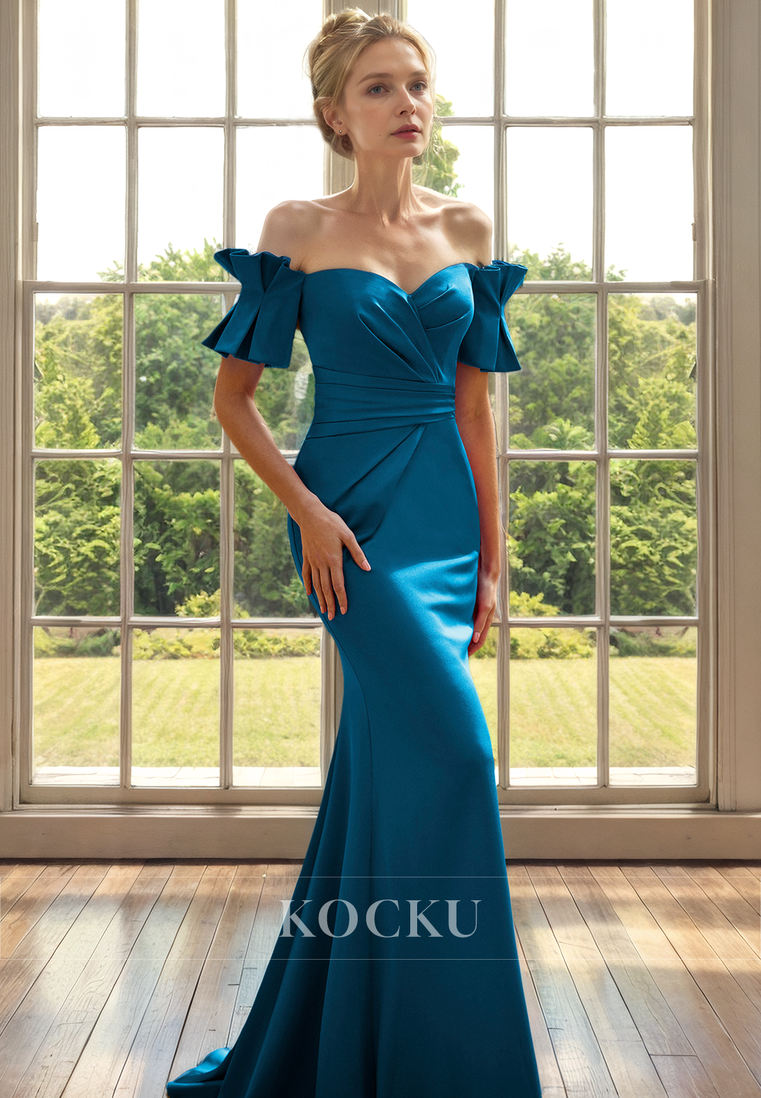 Simple & Casual Off-Shoulder Short sleeves Mermaid Satin Cocktail Mother of the Bride Dress