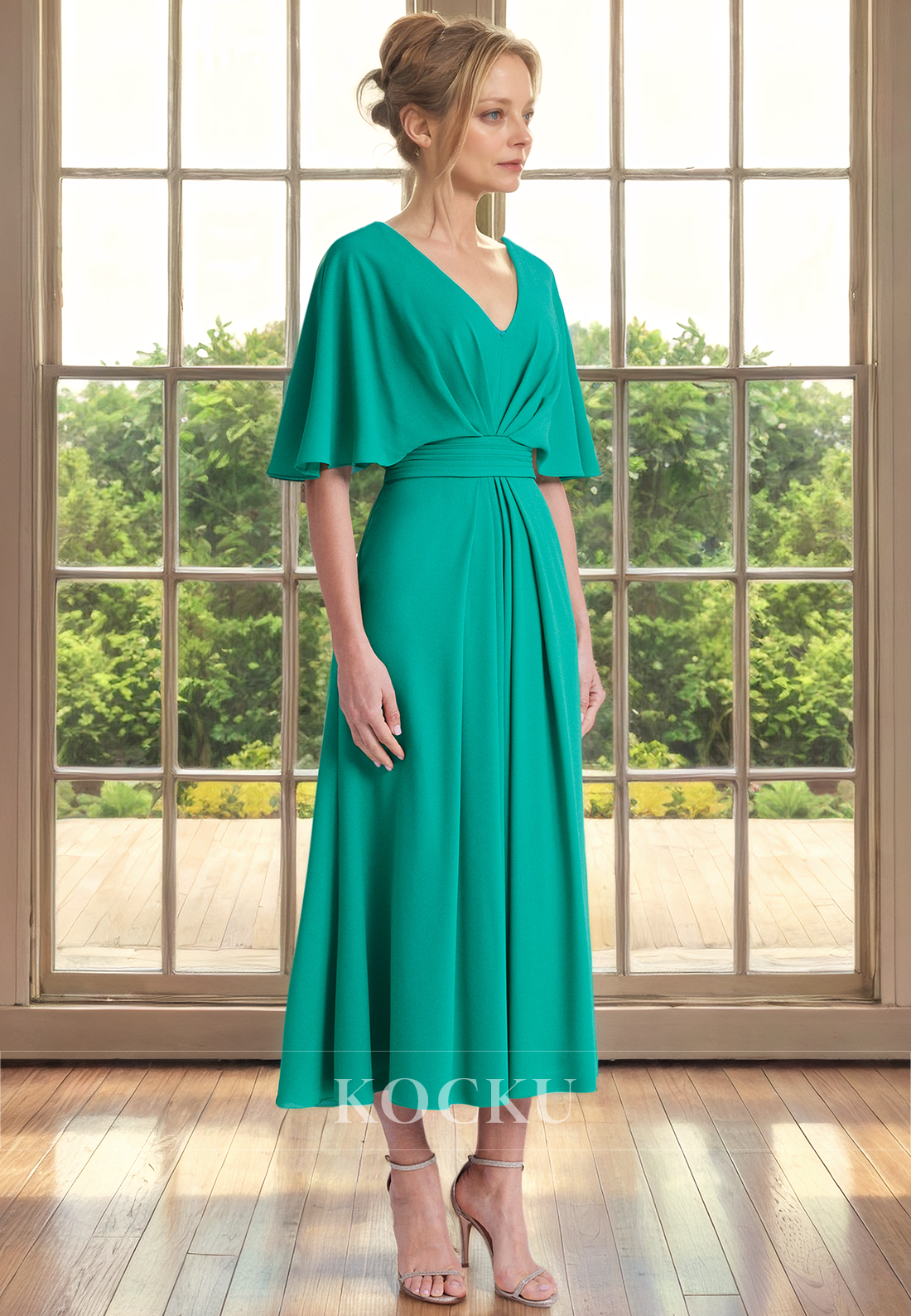 Simple & Casual V-Neck Short sleeves A-Line Chiffon Cocktail Mother of the Bride Dress