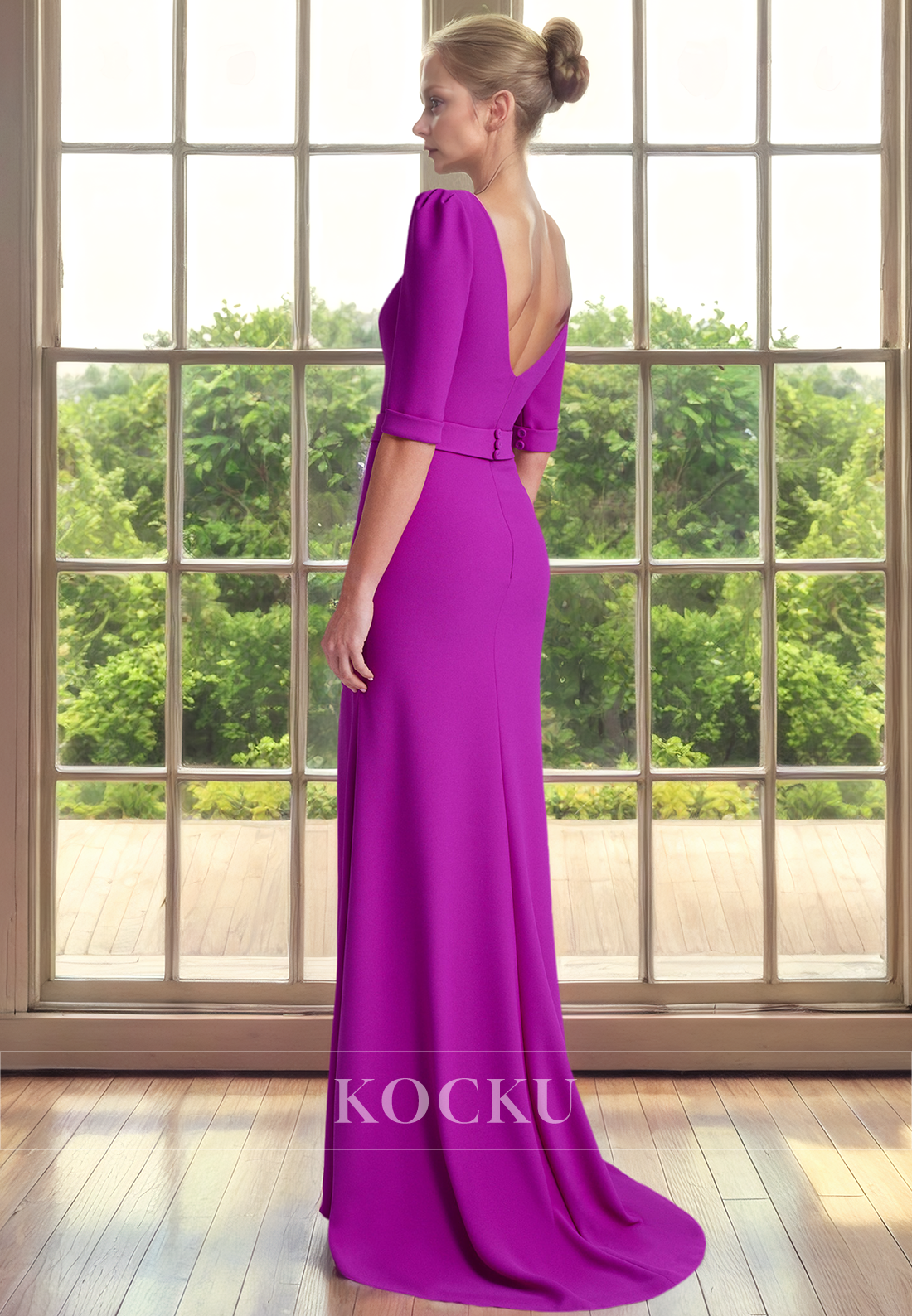 Simple & Casual Scoop Half sleeves Split Backless Cocktail Mother of the Bride Dress