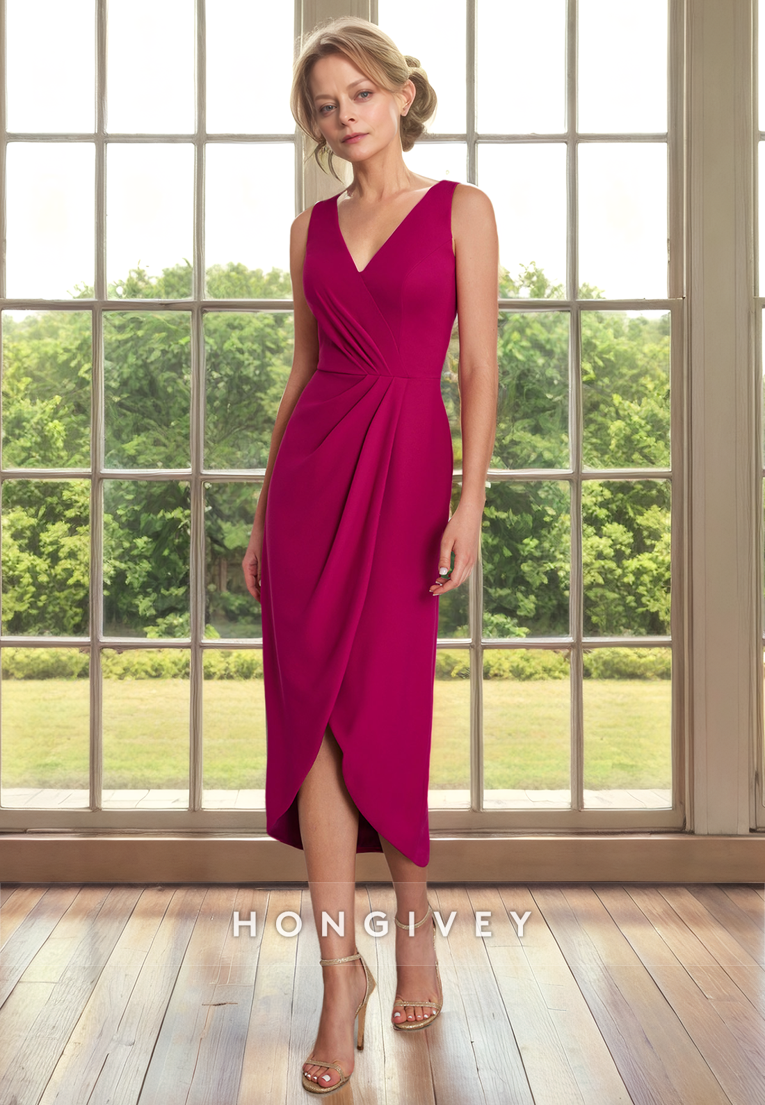 HM312 - Chic & Modern V-Neck Sleeveless Empire Pleats Fitted Cocktail Formal Dress