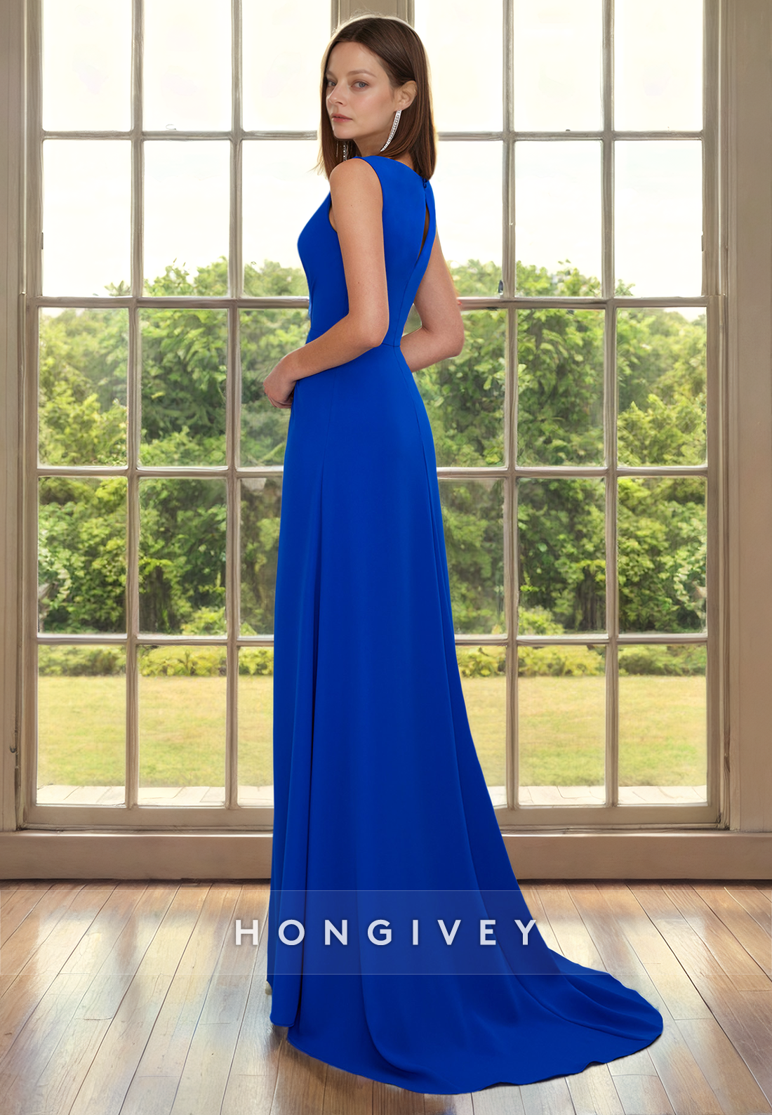 HM315 - Simple & Casual A-Line V-Neck Sleeveless With Side Slit Mother of the Bride Dress