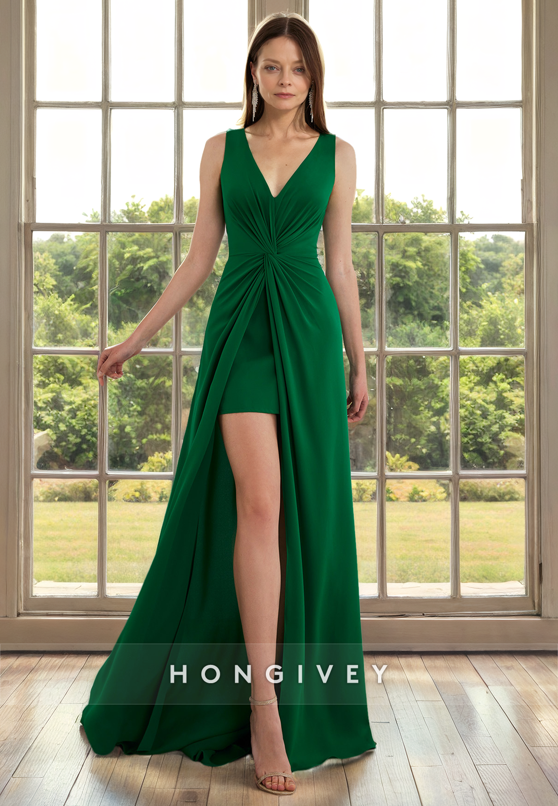 HM315 - Simple & Casual A-Line V-Neck Sleeveless With Side Slit Mother of the Bride Dress