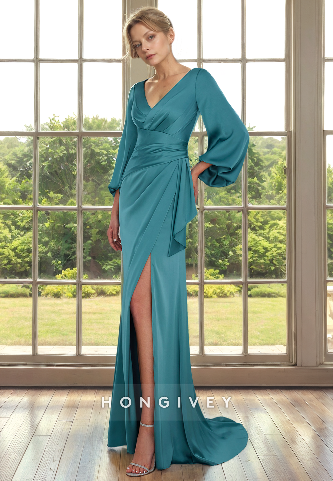 HM316 - Casual Trumpet V-Neck Long Sleeve With Side Slit Formal Cocktail Dress