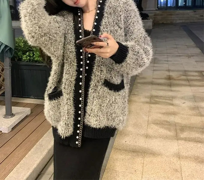 Fuzzy Knit V-Neck Faux Pearl Trim Contrast Pocket Cardigan