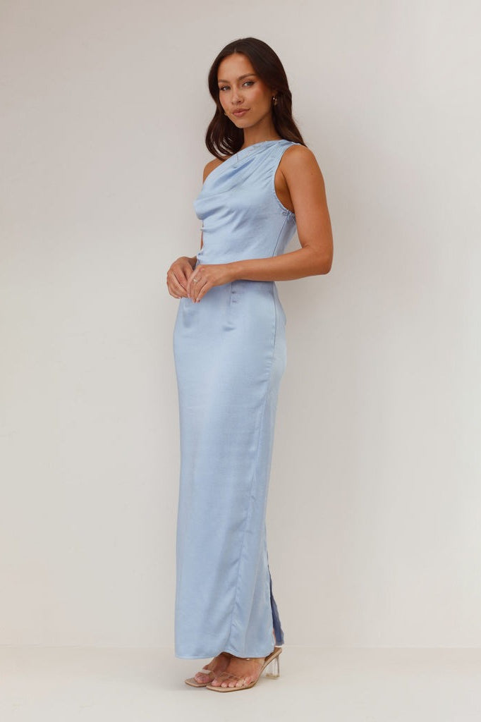 Satin One Shoulder Draped Column Maxi Dress