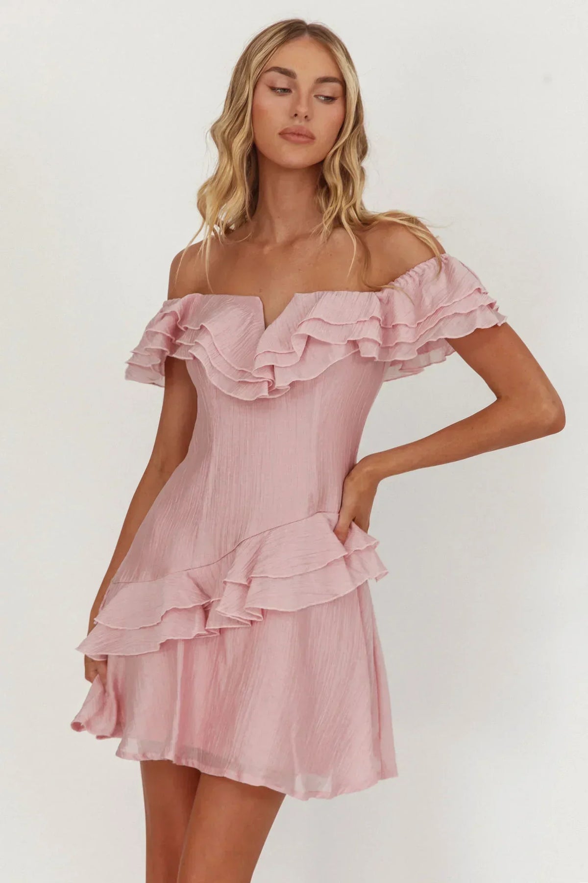 Sinclair Off-Shoulder Ruffle Trim Mini Dress Blush