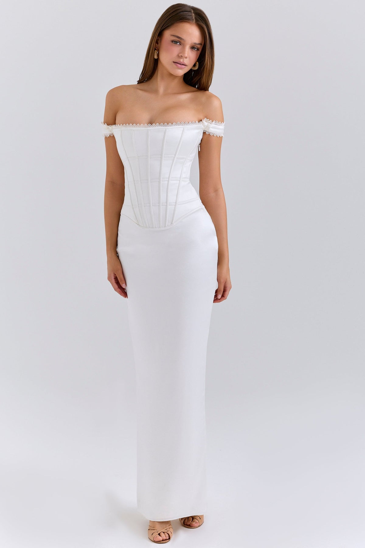 Satin Off Shoulder Corset Bodice Column Maxi Dress 3