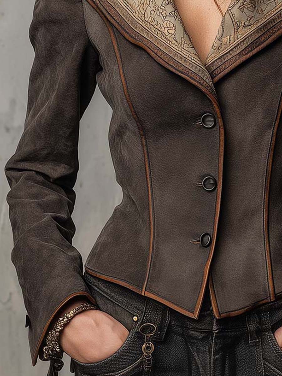 Dark Brown Suede Fitted Blazer With Printed Lapel