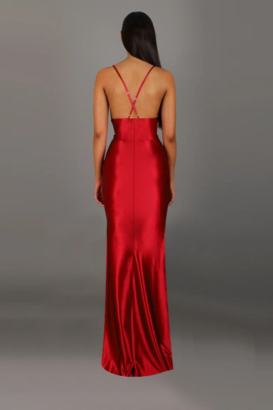 Satin V-Neck Slit Party Dress 8