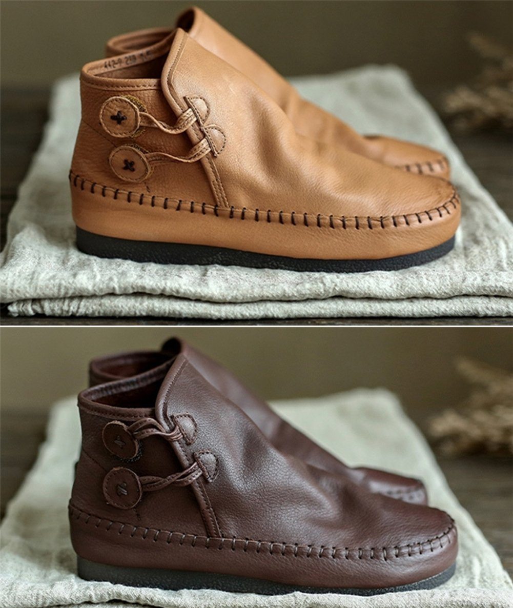 Retro Handmade Leather Ankle Booties For Women Low Heel Winter Casual Boots Yellow/Brown/Coffee