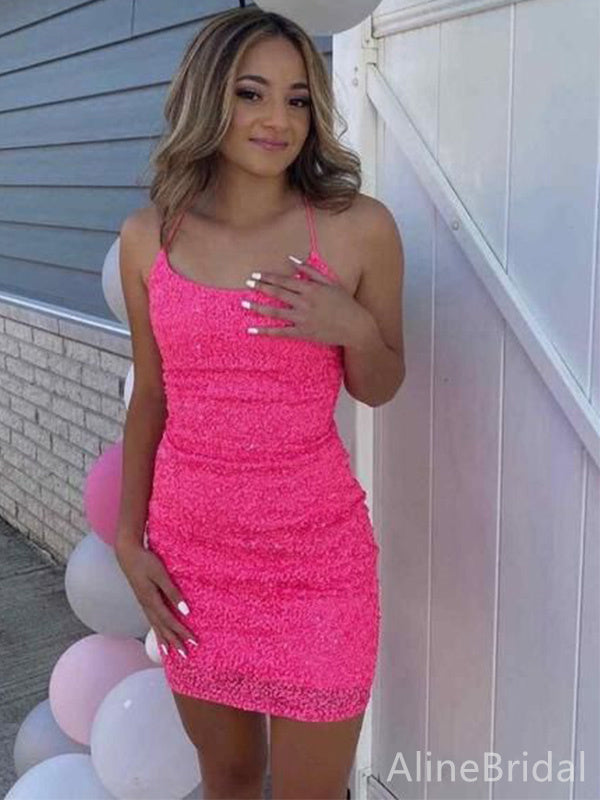 Sequin Scoop Neck Spaghetti Strap Bodycon Homecoming Mini Dress