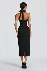 Solid Halter Neck Tie Back Midi Party Dress