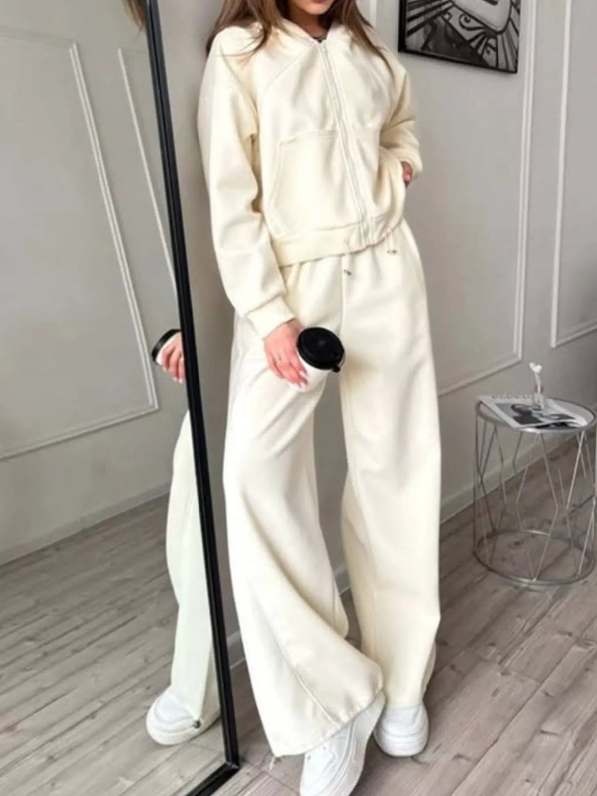 Fleece Zip Front Cropped Hoodie and Drawstring Hem Joggers Two Piece Set 7