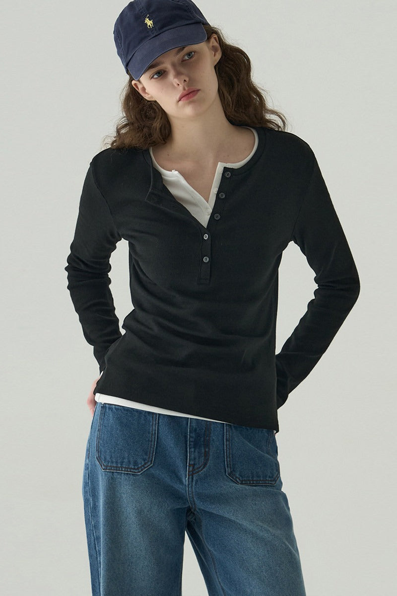 Vintage Structured Henley Long Sleeve Top