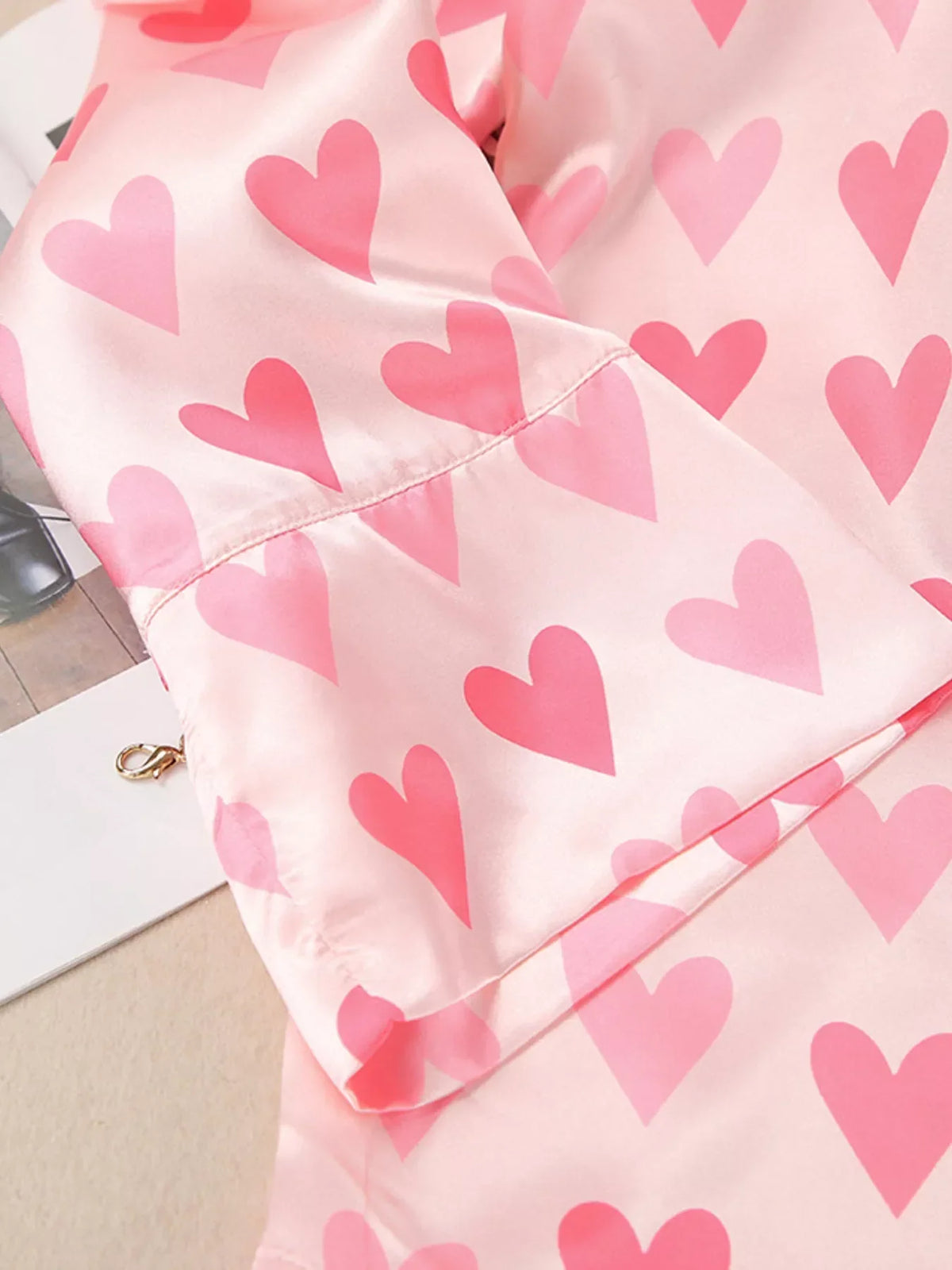 Heart Print Button Up Shirt and Wide Leg Pants Pajama Two Piece Set 10
