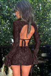 Solid Tie Lace Long Sleeve Skirt Two Piece Set