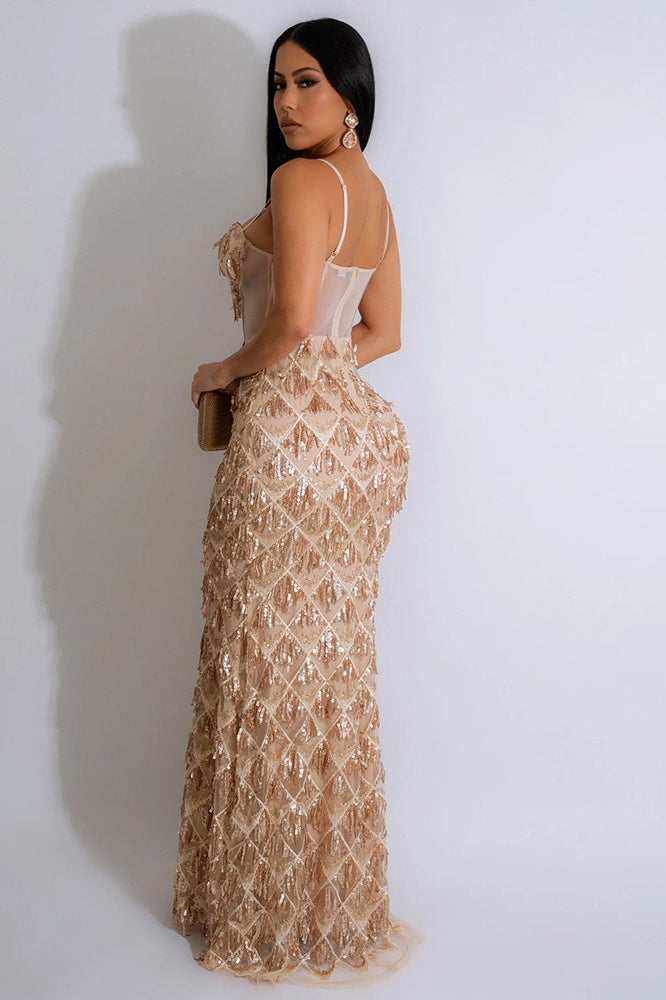 Elegant Spaghetti Strap A-Line Bodycon Maxi Sequin Dress