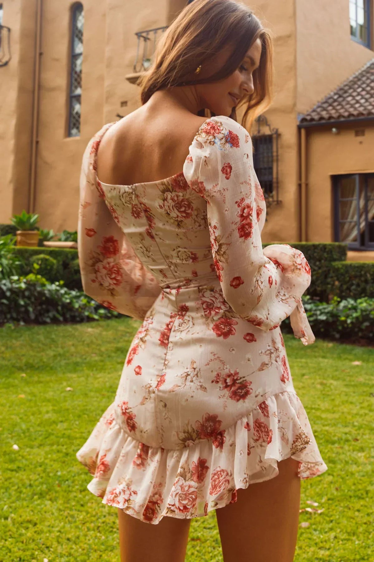 Floral Chiffon V-Neck Balloon Sleeve Tie Waist Ruffle Hem Mini Dress 2