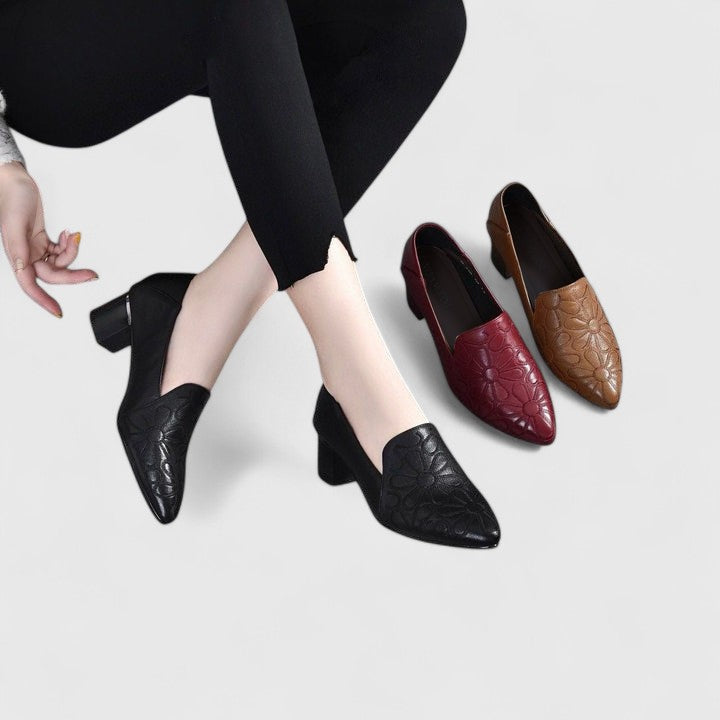 Pointed Toe Floral Embossed Block Heel Loafers