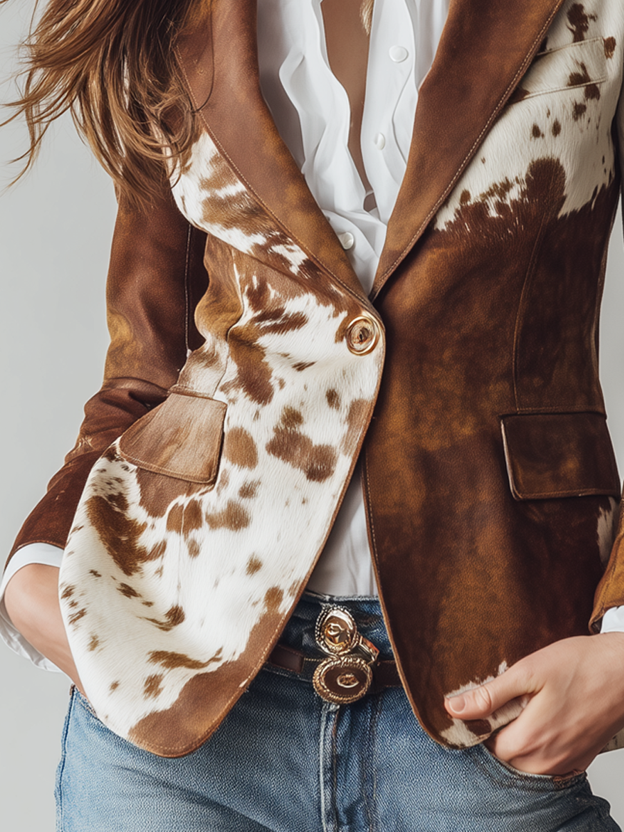 Cow Print Notch Lapel Single Button Blazer