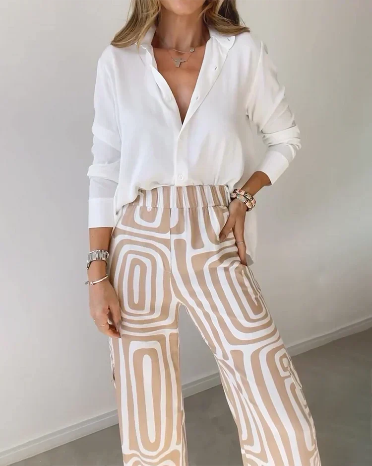 Long Sleeve Shirt and Geometric Print Wide Leg Pants Two Piece Set