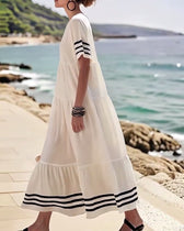 Striped Trim Short Sleeve Tiered Maxi Dress 6