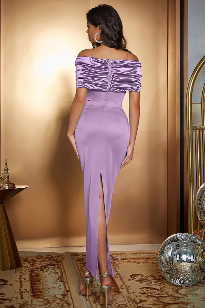 Satin Ruched Panel Off-Shoulder Fitted Silk Dress 5
