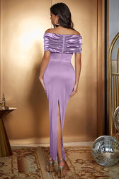 Satin Ruched Panel Off-Shoulder Fitted Silk Dress 5