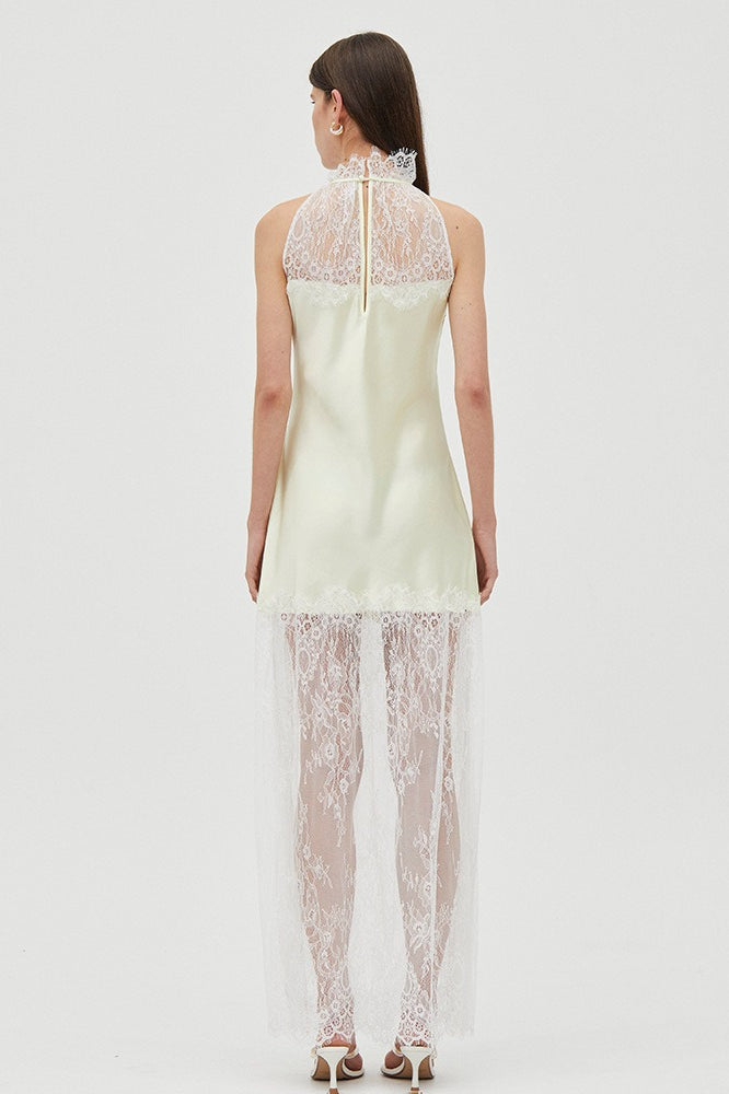Round Neck Sheer Spliced Solid Elegant Lace Dress