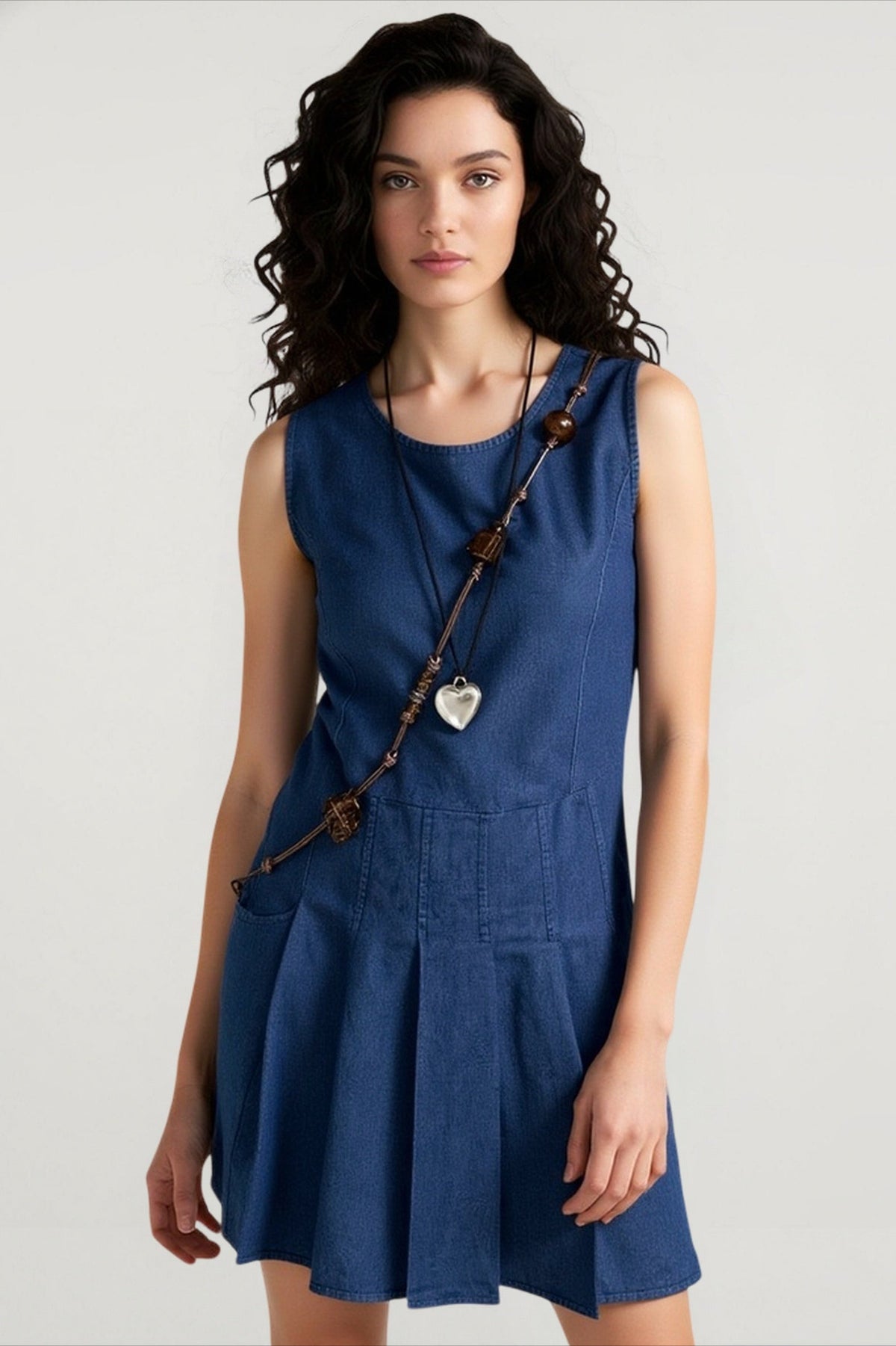 Denim-Look Round Neck Sleeveless Drop Waist Pleated Mini Dress