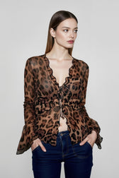 Leopard Mesh Chiffon Lace Sheer Top