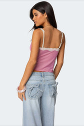 Sheer Mesh Lace Trim Halter Cami Top