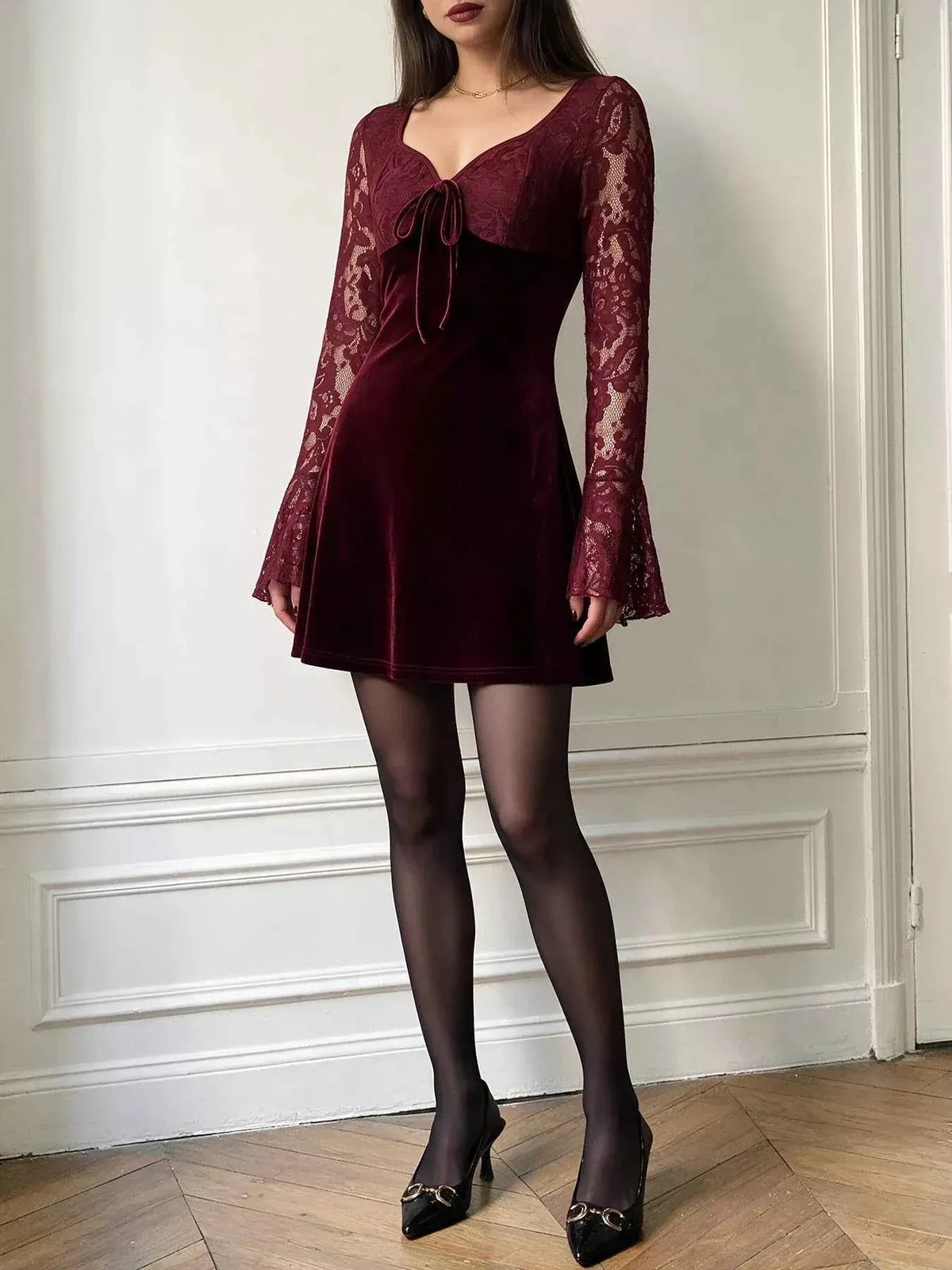 Velvet Lace Flare Sleeve Tie Front A-Line Mini Dress 6