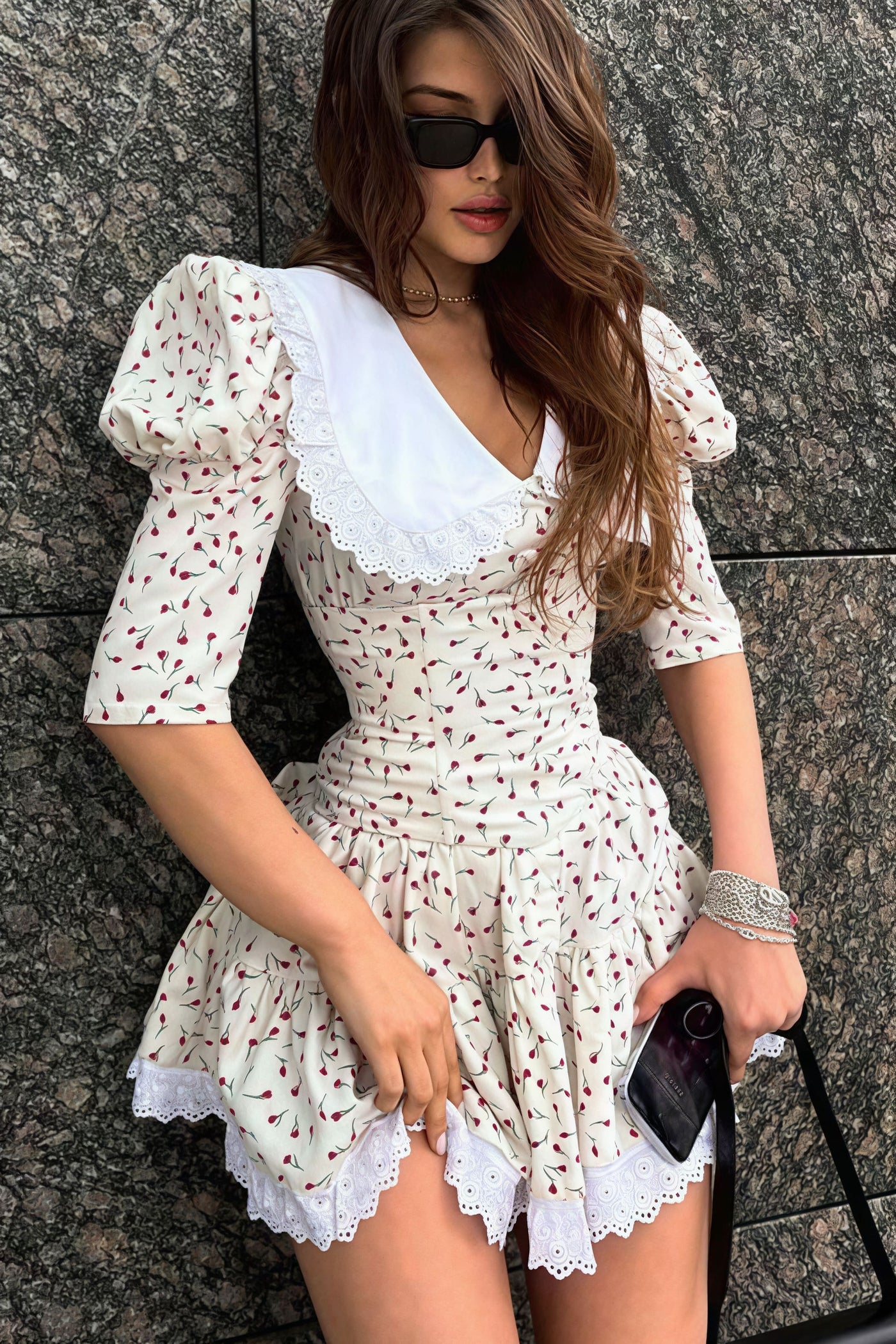 Floral Peter Pan Collar Short Sleeve Tiered Lace Trim Mini Dress 6