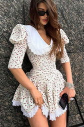 Floral Peter Pan Collar Short Sleeve Tiered Lace Trim Mini Dress 6