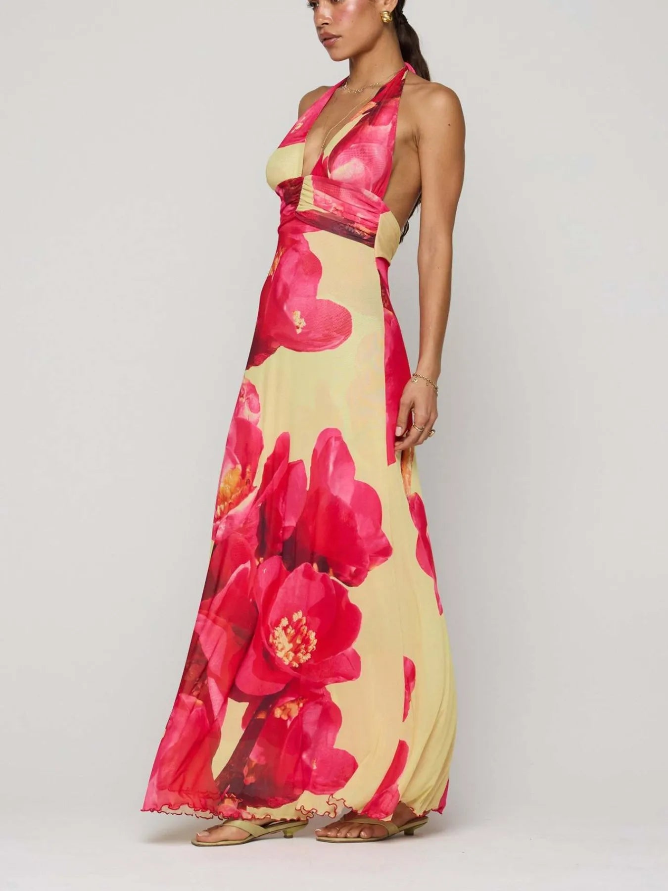Floral Halter Neck Deep V-Neck Ruched Maxi Dress 14