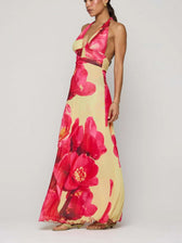 Floral Halter Neck Deep V-Neck Ruched Maxi Dress 14