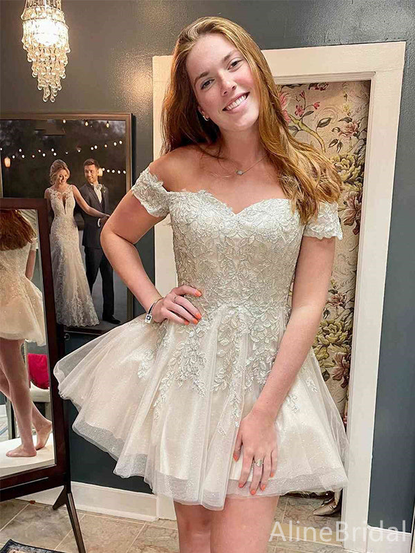 Lace Applique Off Shoulder Sweetheart Tulle A-Line Homecoming Dress