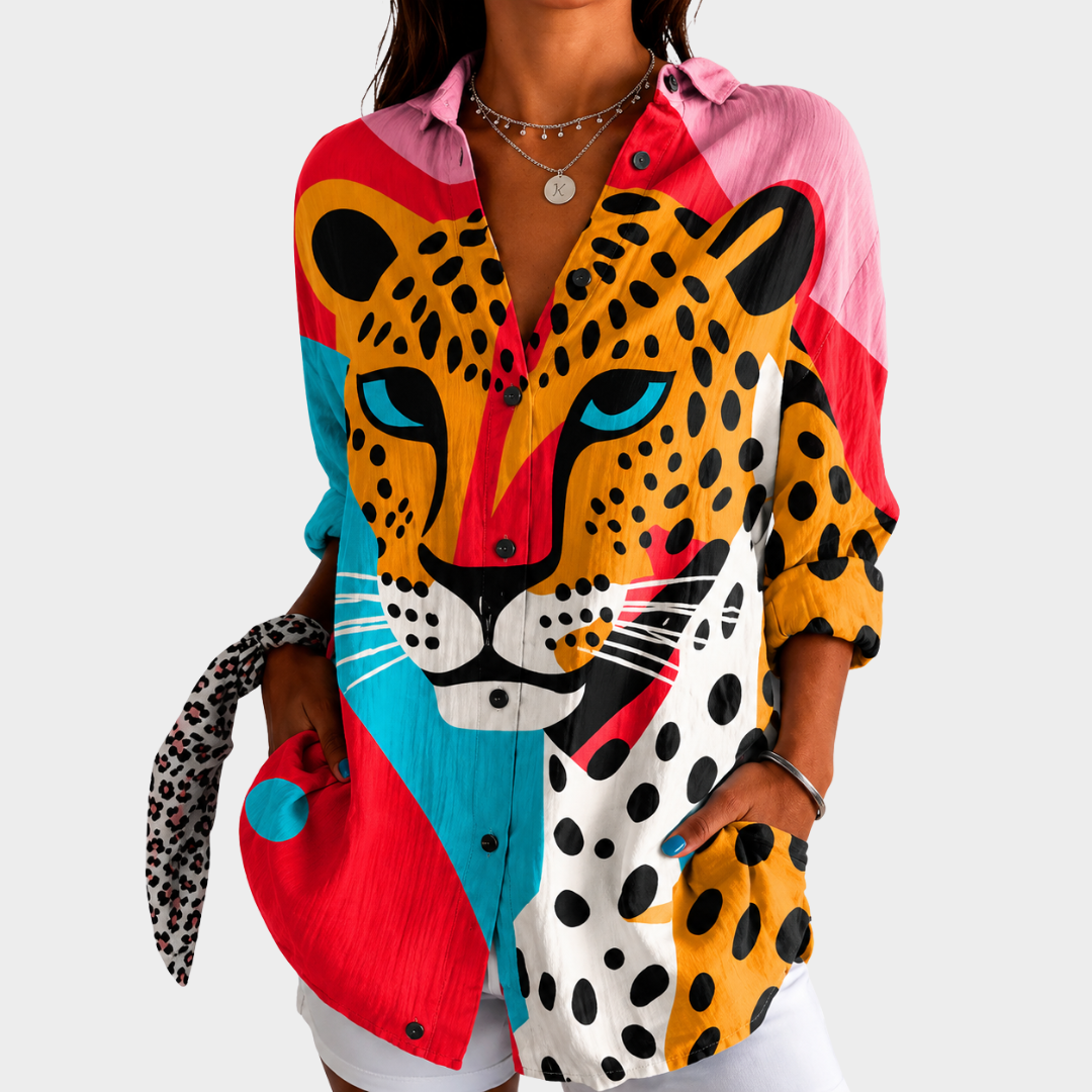 Leopard Face Print Collared Long Sleeve Button Up Shirt