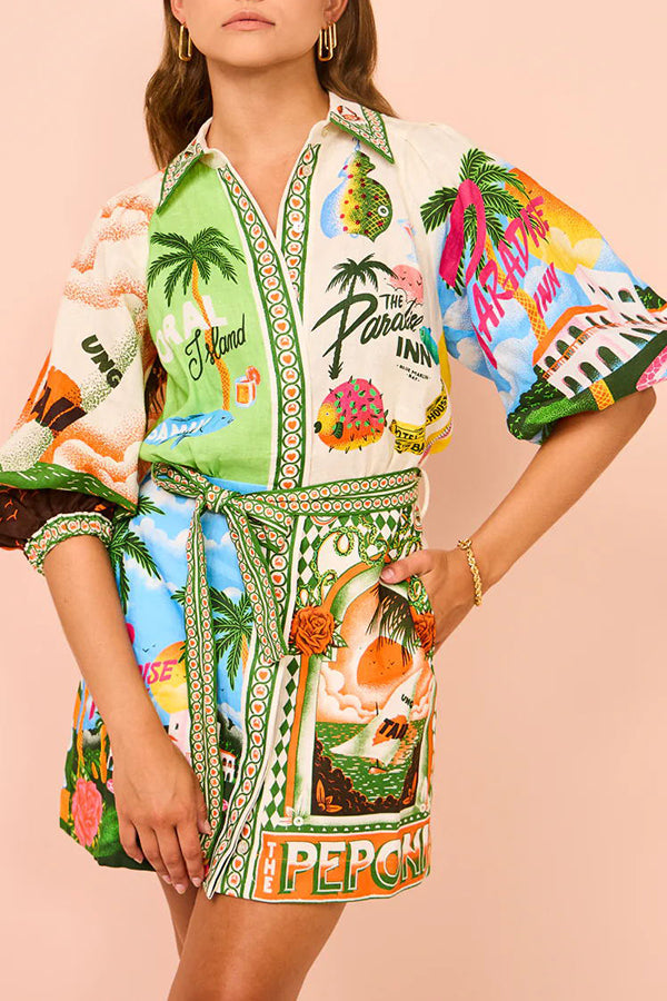 Scenic Print Puff Sleeve Shirt and Belted Mini Skirt Two Piece Set
