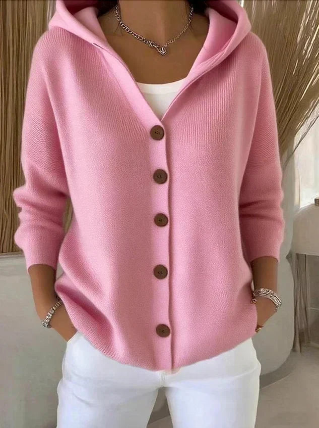 Hooded Button Front Long Sleeve Knit Cardigan