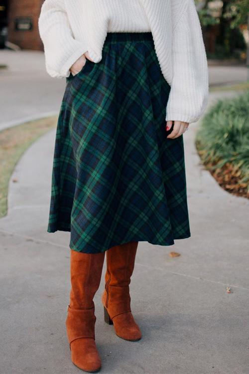 Pockets Plaid A Line Woolen Skirts