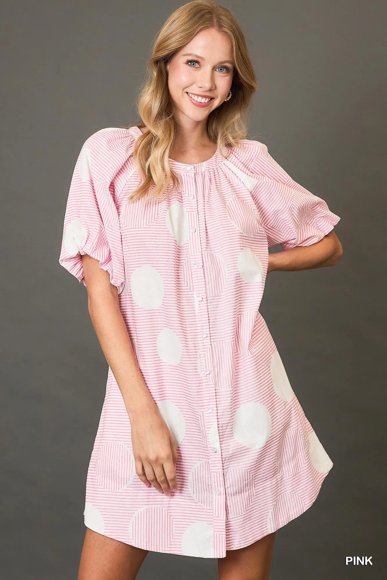 Umgee Stripe and Dot Print Button Down Puff Sleeve Mini Dress Pink