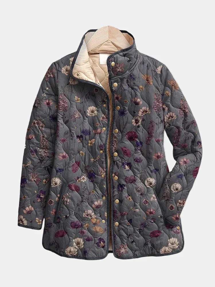 Floral Quilted Stand Collar Snap Button Jacket