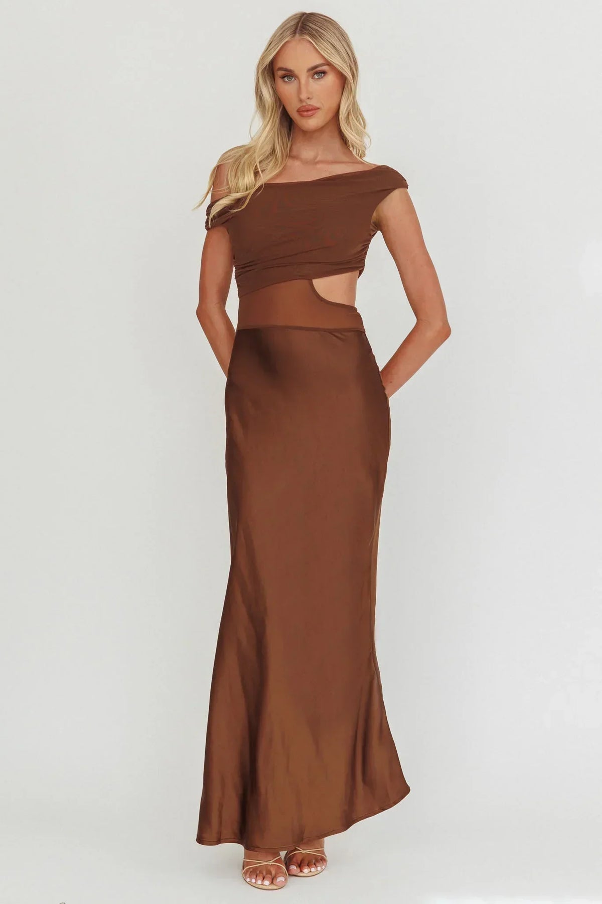 Off Shoulder Ruched Mesh Bodice Side Cut Out Satin Maxi Dress 5